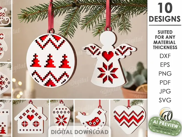 Christmas Ornaments Bundle. Scandinavian Folk Baubles Laser Cut Files. Wooden Tree Decor SVG. Cross Stitch Holiday Ornaments. Хmas Tree Hangers