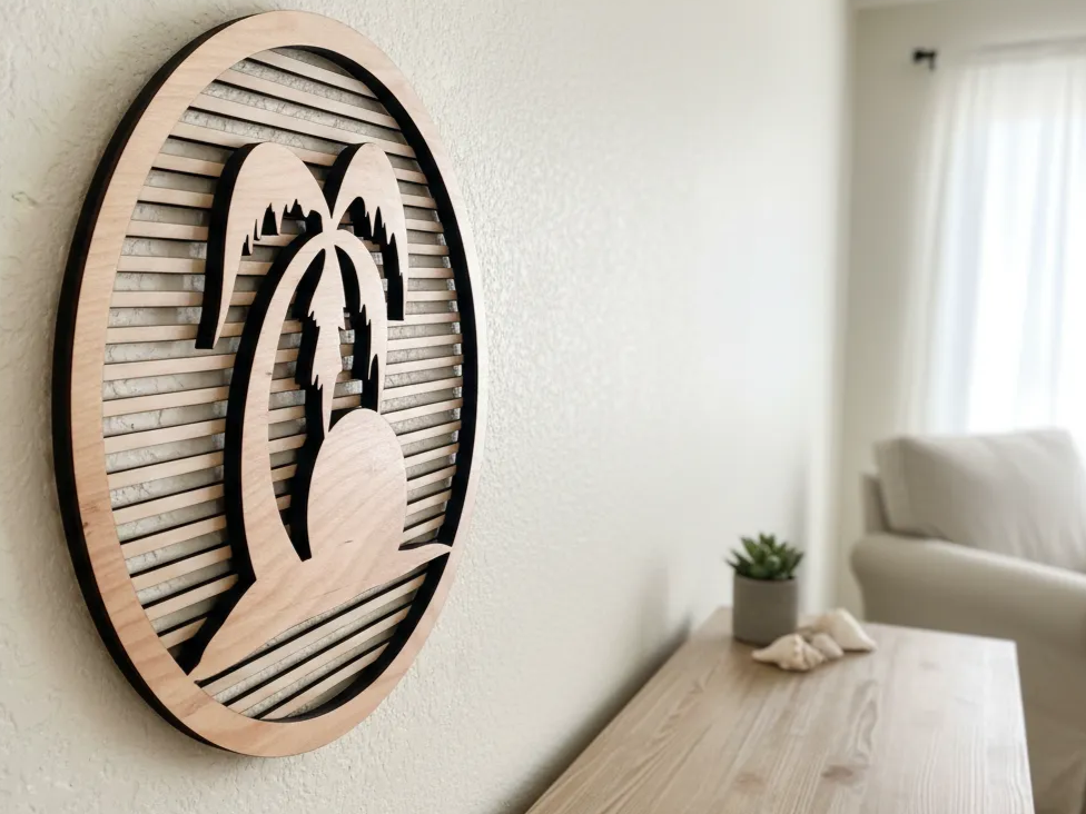 Cuadro de pared circular con diseño de palmera tropical