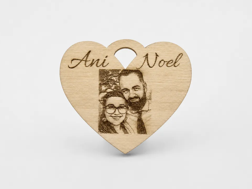 Heart Shaped Wooden Ornament/Pendant with Personalized Couple Photo and Names