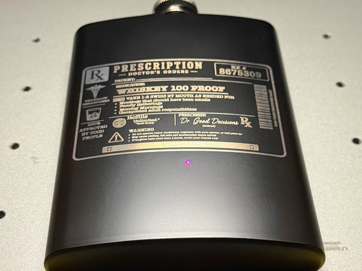 Black Metal Flask with Funny Prescription Label Design
