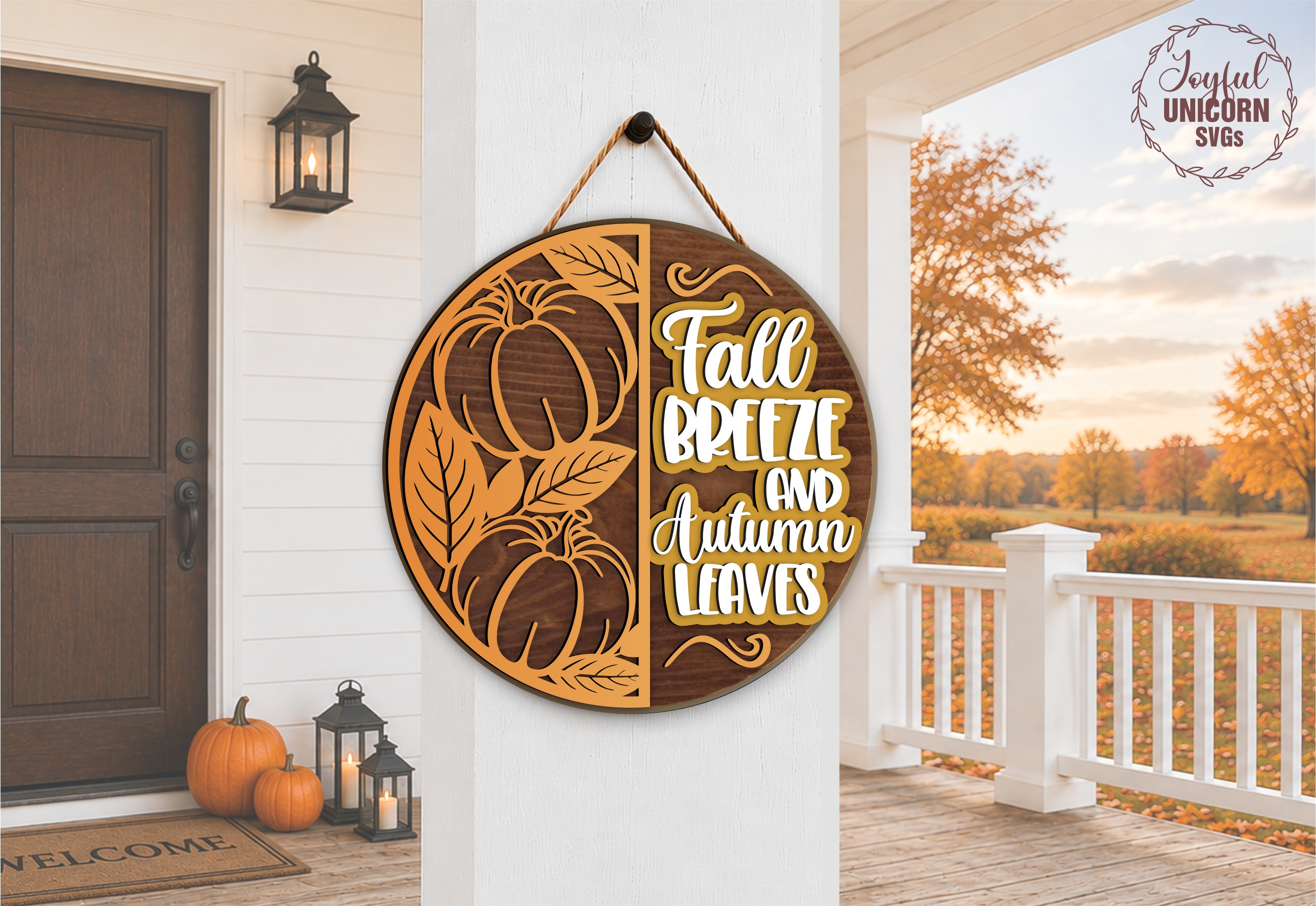 [Laser cut and engrave] Fall Door Hanger SVG Bundle, Autumn Round Door Sign with Scarecrow, Happy Fall Y'all Round Sign, Pumpkin Welcome Sign,Glowforge, CNC, Xtool