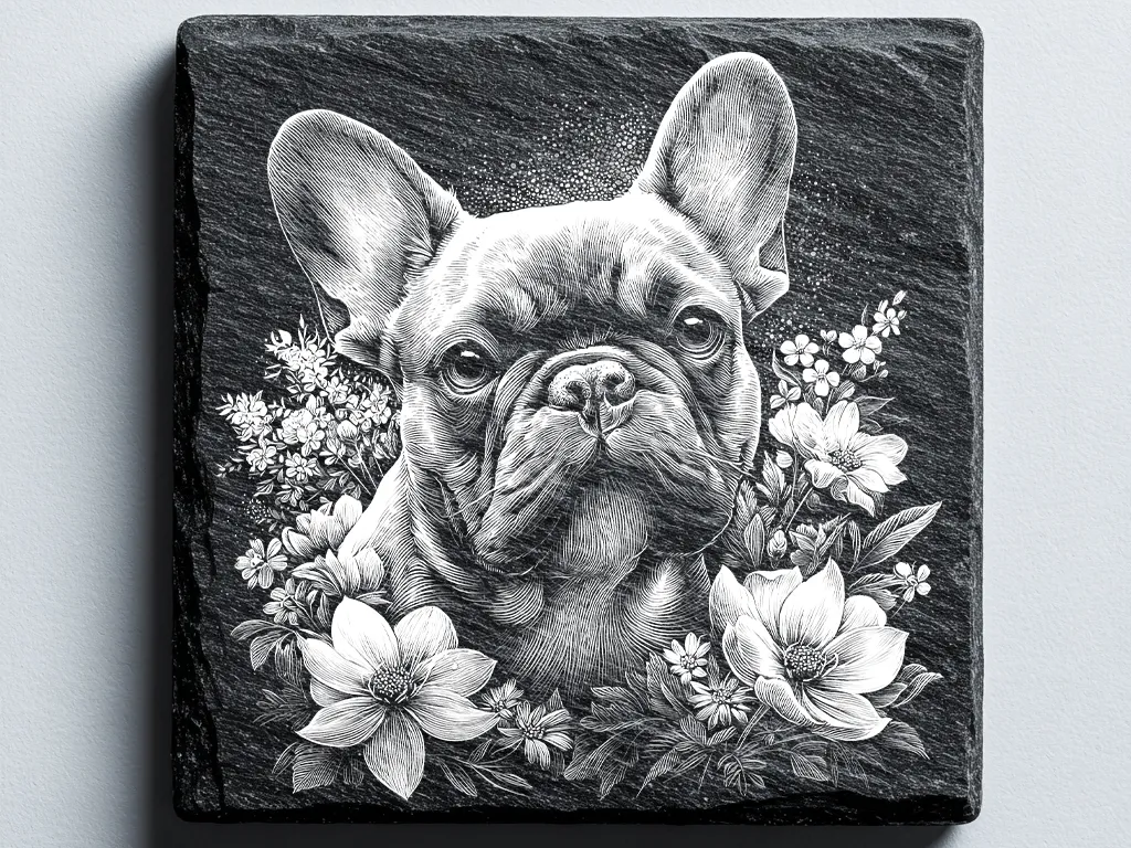 French Bulldog Portrait with Floral Accents on Square Slate Coaster laser engraved pet portrait idea