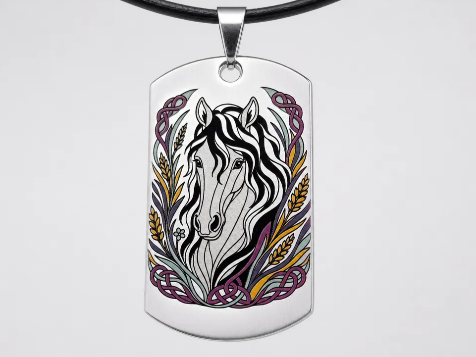 Horse Portrait Color Engraving Dog Tag Pedant with Celtic Knotwork