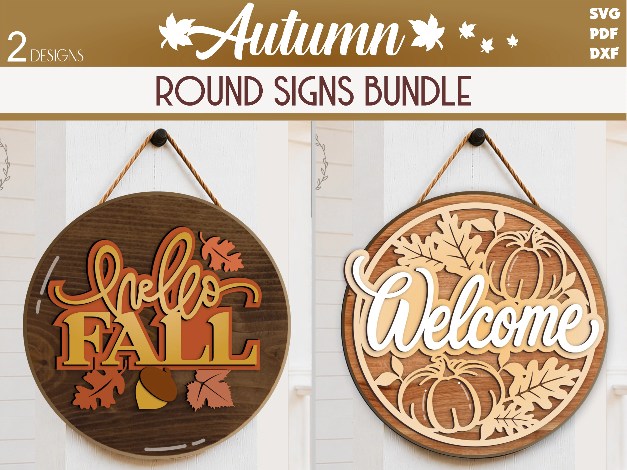 Autumn Hello Fall and Welcome Round Door Signs with Pumpkin and Leaf Motifs, Fall Door Hanger SVg, Front Door Sign Decor, Glowforge, CNC, Xtool File