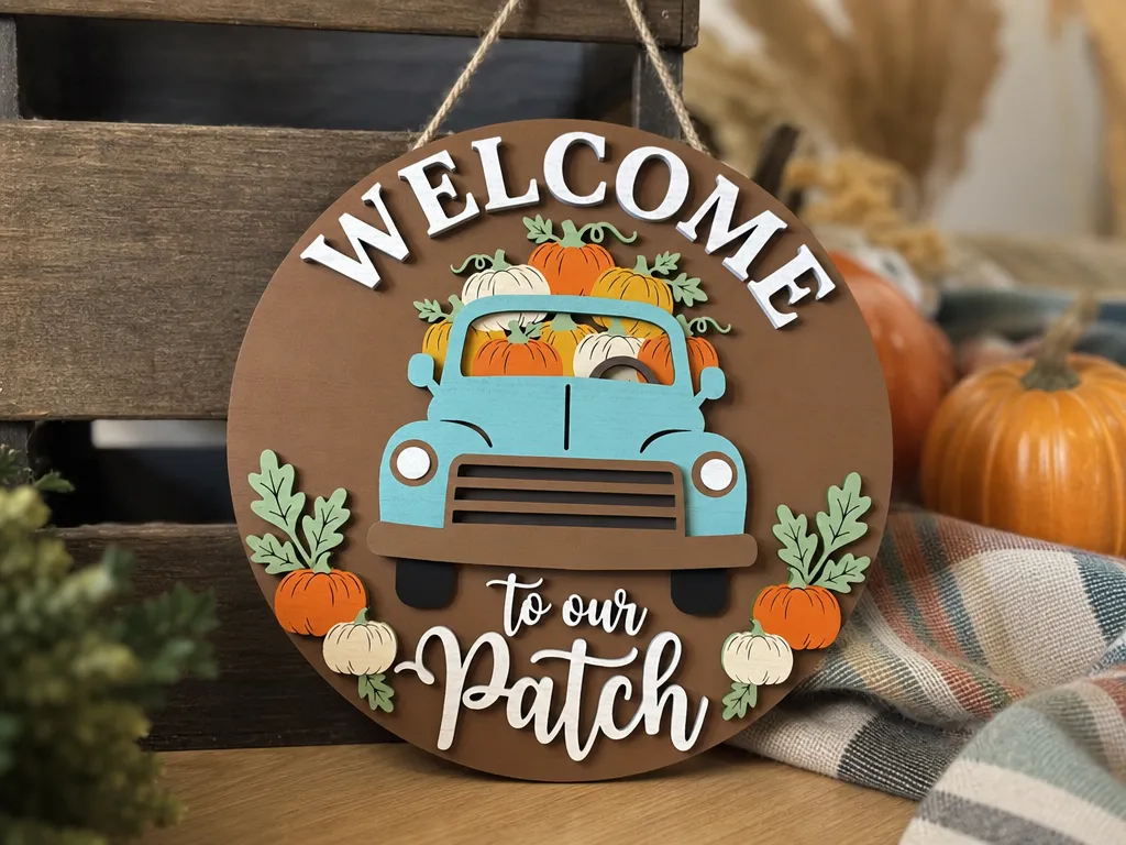 Welcome to Our Patch Round Hanging Sign with Vintage Truck and Pumpkins
