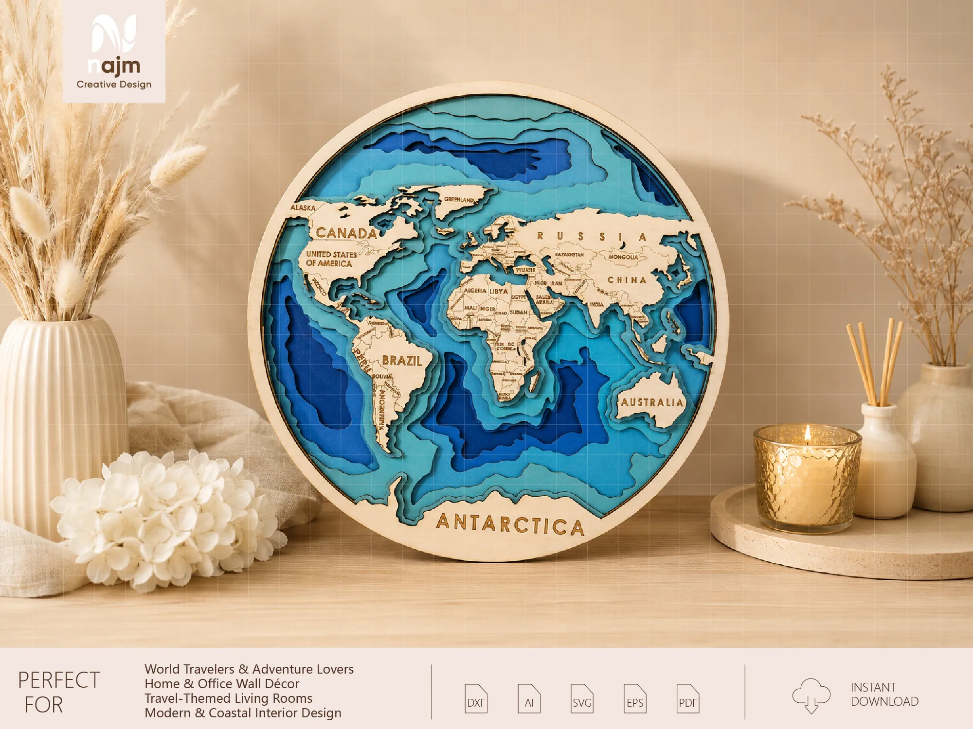 Layered Wooden World Map Circular Wall Art