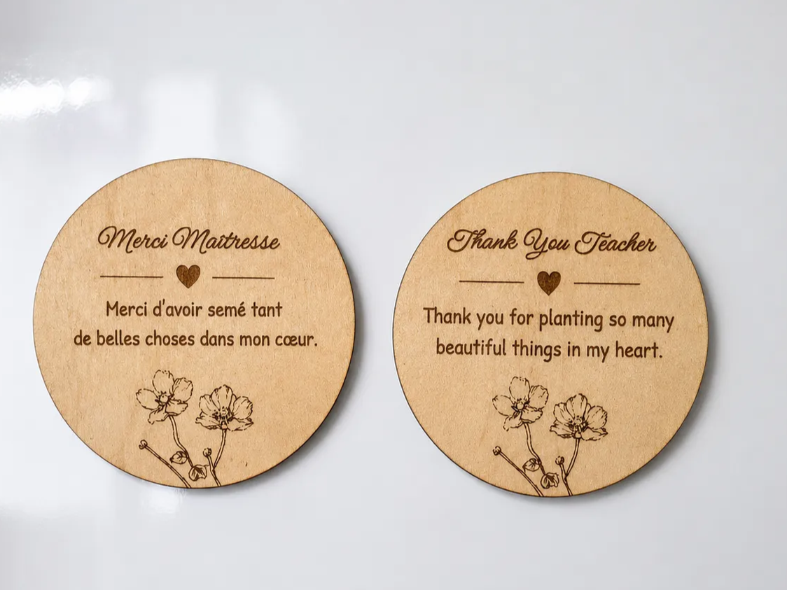 Thank You Teacher Magnet – Floral Appreciation Gift | Laser Engraving Design english and french versions