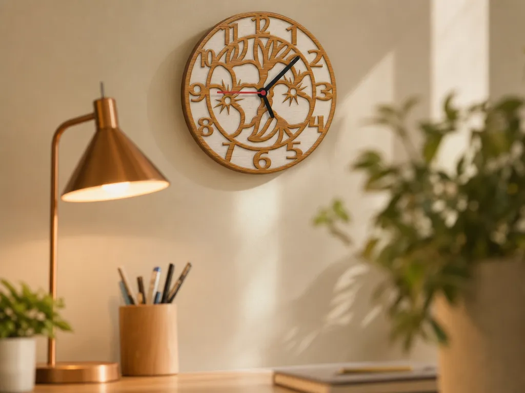 Round wall clock with intricate tree of life cutout pattern