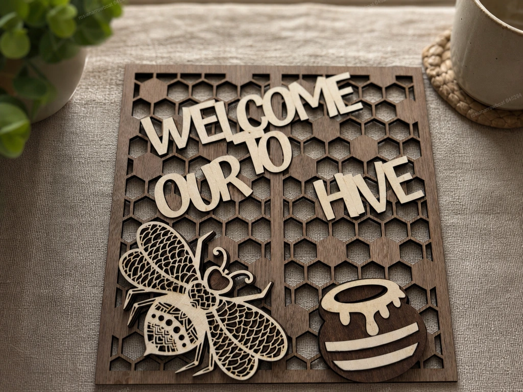 Welcome To Our Hive Honeycomb Wall Sign with Bee and Honey Pot
