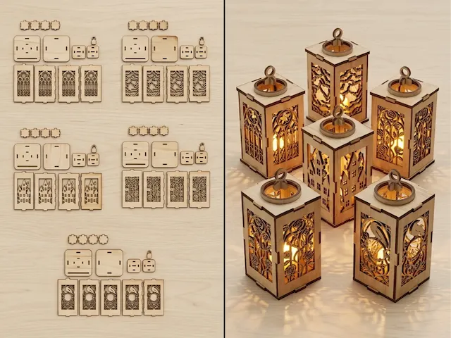 Set of Five Decorative Wooden Lanterns with Intricate Cutout Patterns