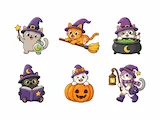 [Laser cut and engrave,UV printing,Heat Press] Cute Halloween Witch Cat Stickers Set