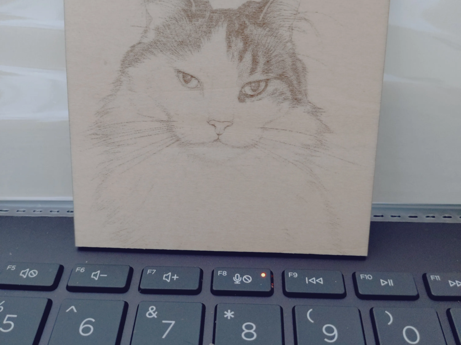 Wooden plaque featuring a detailed cat portrait