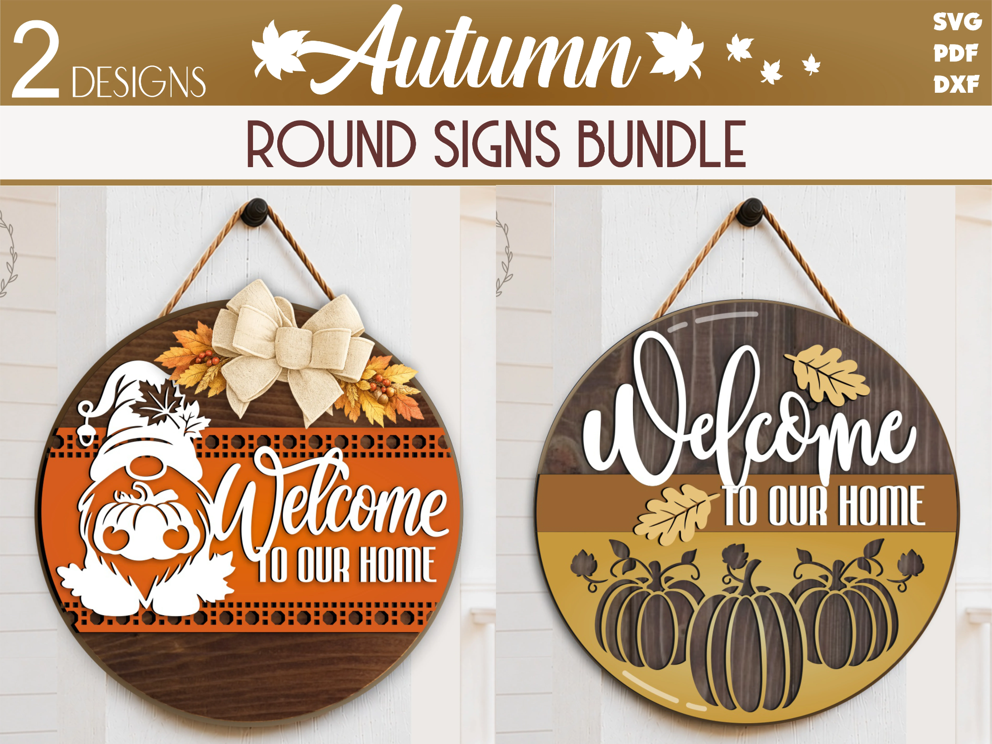 Welcome to Our Home Door Sign SVG Bundle, Laser Cut Fall welcome Signs, Gnome Round Door Hanger, Pumpkin Wood Round Sign, Farmhouse Laser Cut File