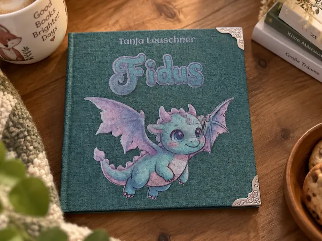 Kinderbuch Fidus mit Drachen Illustration auf grünem Leineneinband