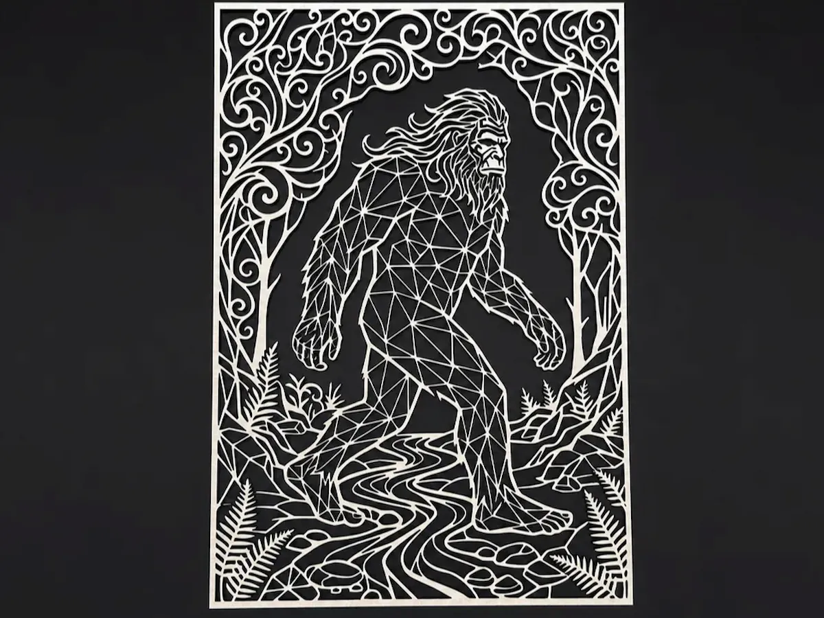 [Laser cut and engrave] Geometric Bigfoot Wall Art with Forest Landscape