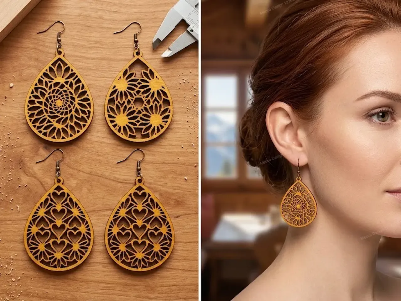 [Laser cut and engrave] Teardrop shaped wooden earrings with intricate floral and heart patterns