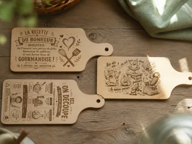 Planches à découper en bois avec illustrations humoristiques et citations culinaires