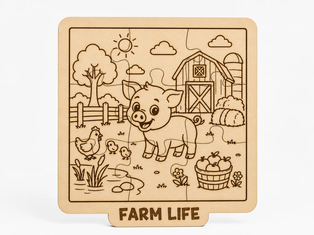 Happy Pig Farm Life Wooden Puzzle | Kids Coloring Jigsaw | Educational Farm Animal Toy | Laser Cut DIY Gift for Children