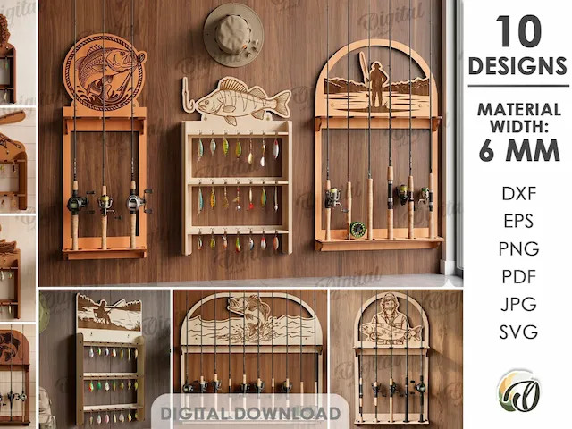 3D Fishing Rod Racks bundle. Fishing lure display laser cut files. Fisherman gift svg. Lake house wall decor. Hanging fishing pole organizer