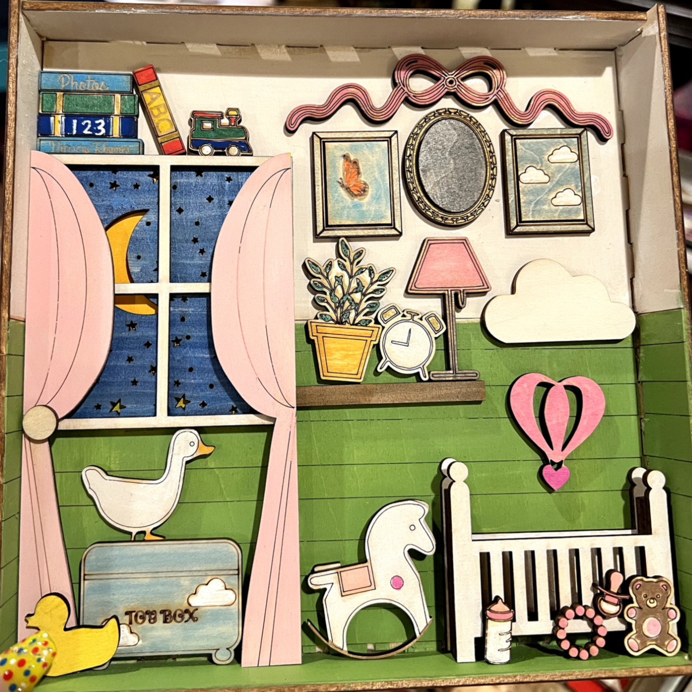 [Laser cut and engrave] Miniature Nursery Room Diorama with Crib and Toys
