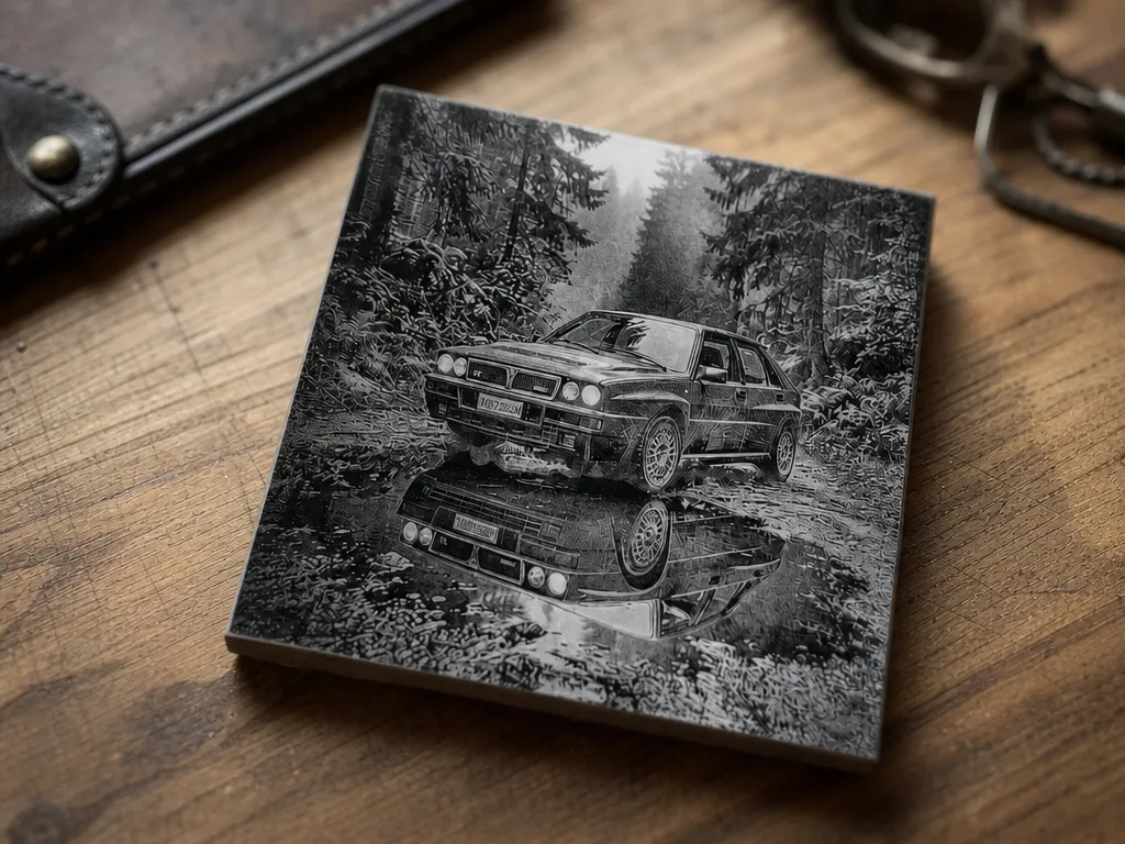 Sottobicchiere quadrato con illustrazione di Lancia Delta Integrale in un bosco