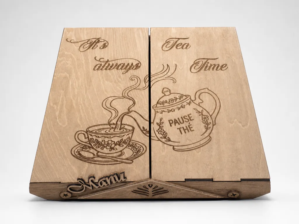Boîte de rangement en bois pour sachets de thé avec motif théière