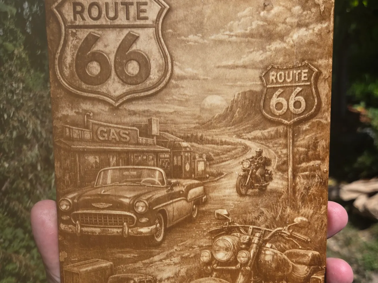 Route 66 Vintage Road Trip Wall Plaque with Classic Car and Motorcycle