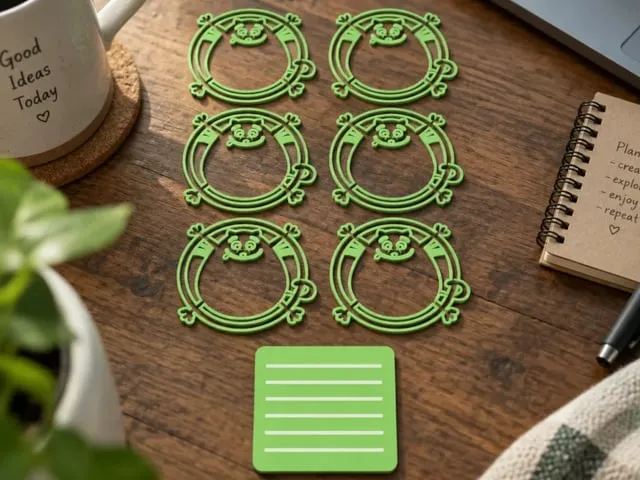 Green Cat Motif Round Drink Coasters