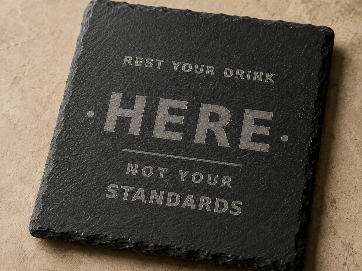 [Laser cut and engrave] Square Slate Drink Coaster with Rest Your Drink Here Quote