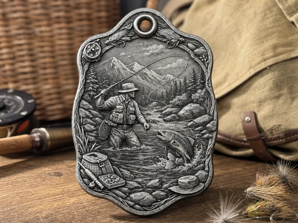 Fly Fishing Scene Relief Keychain or Keyring with Mountain River Landscape