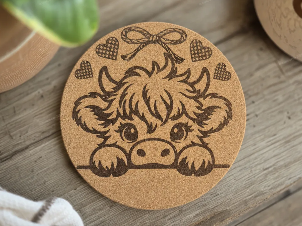 Round Cork Coaster Featuring a Cute Highland Cow with Hearts and Bow