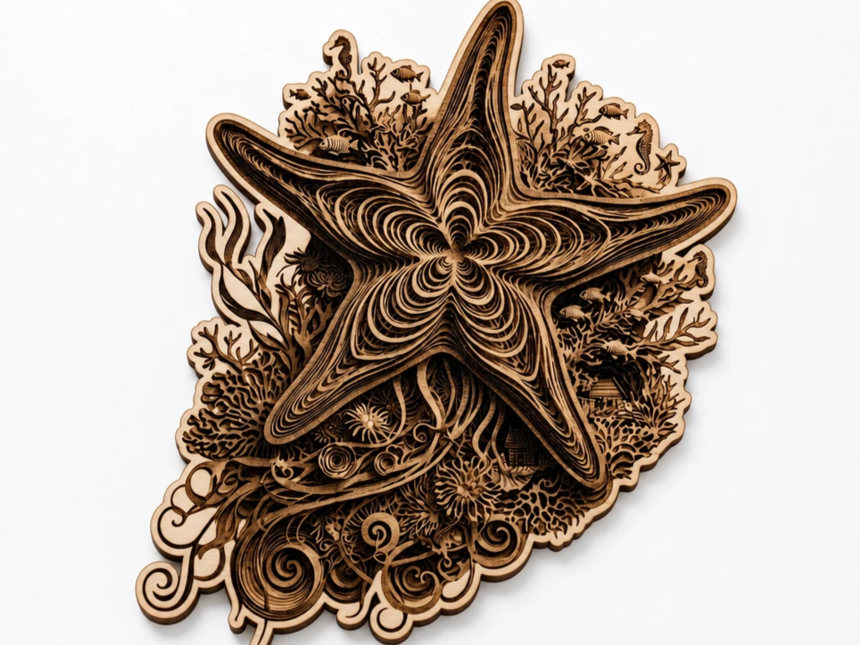 Wooden Starfish Wall Art with Coral Reef Motif