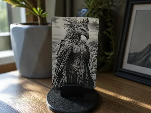 Tischaufsteller mit Porträt einem Geier- König im Fantasy-Stil