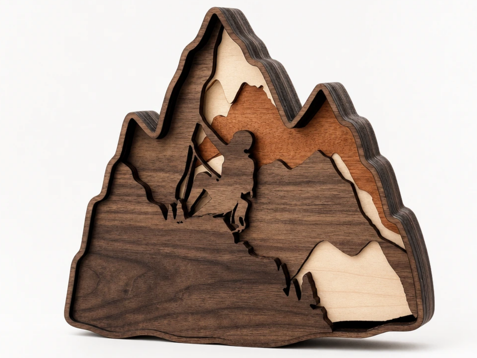 Climber - Layered Wooden Mountain Scene with Mountaineer Silhouette