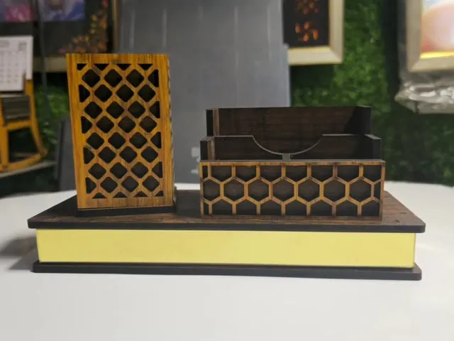 Laser Cut 3-in-1 Desk Organizer CDR File | Rotating 180° Pen Holder, Visiting Card & Pen Stand | MDF Office Organizer Design
