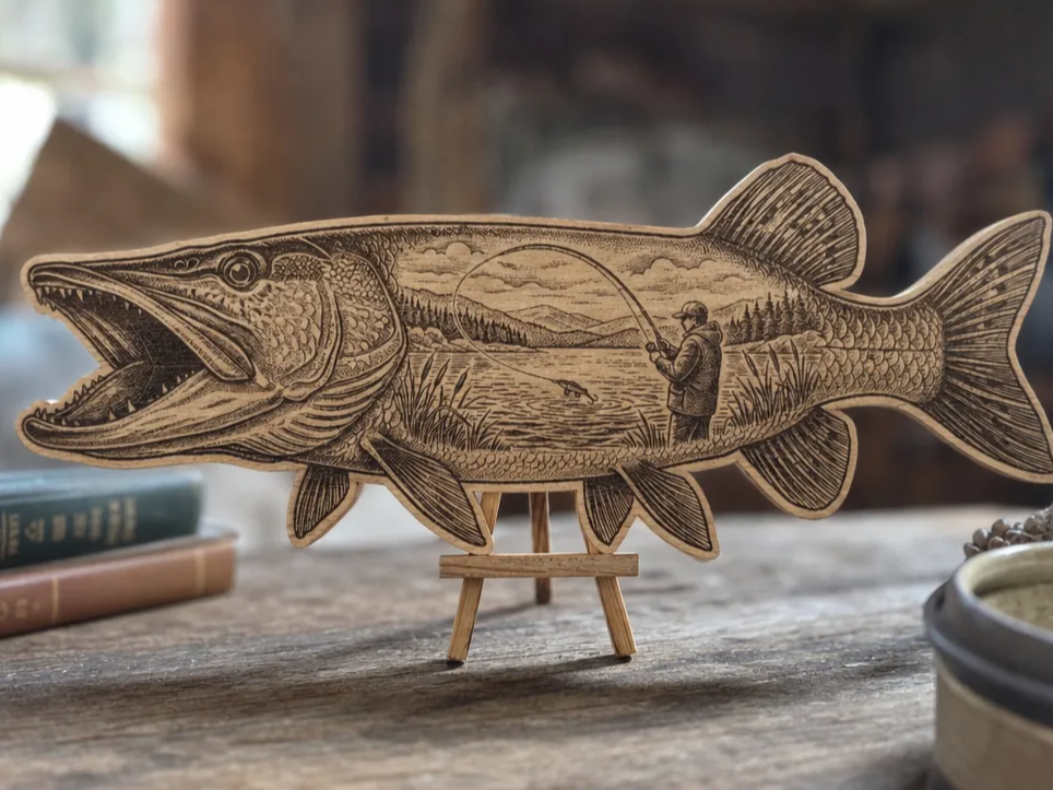 Décoration murale en bois représentant un brochet avec scène de pêche
