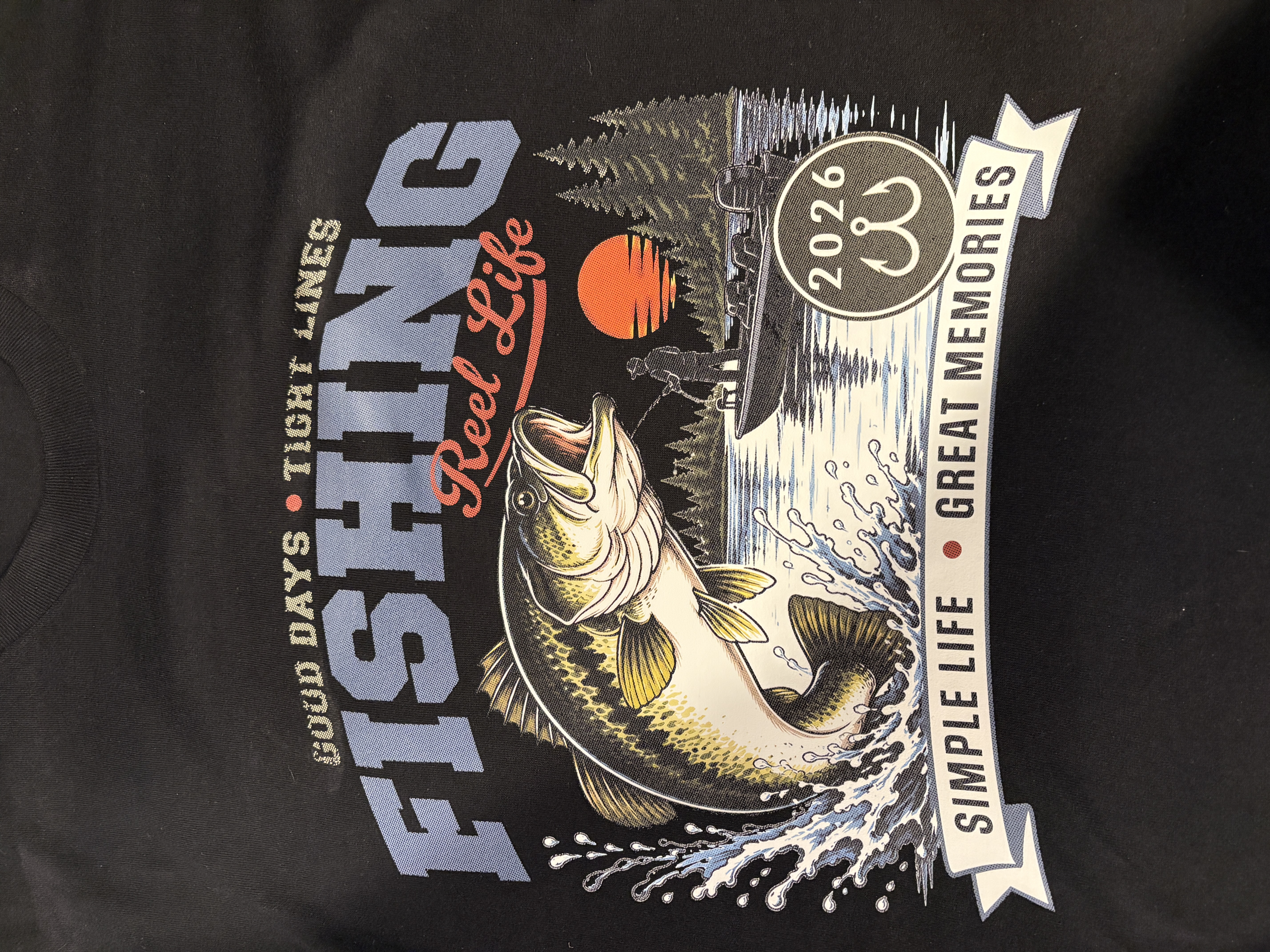 [DTF Printing] Fishing Reel Life Graphic T-Shirt with Bass and Lake Scene