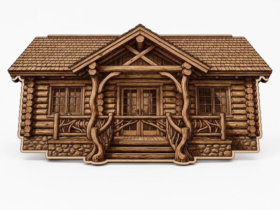 Holz Blockhaus Wandbild mit rustikaler Veranda