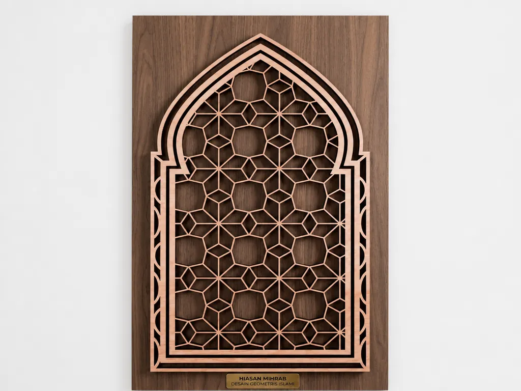 Hiasan dinding kayu motif mihrab dengan pola geometris islami
