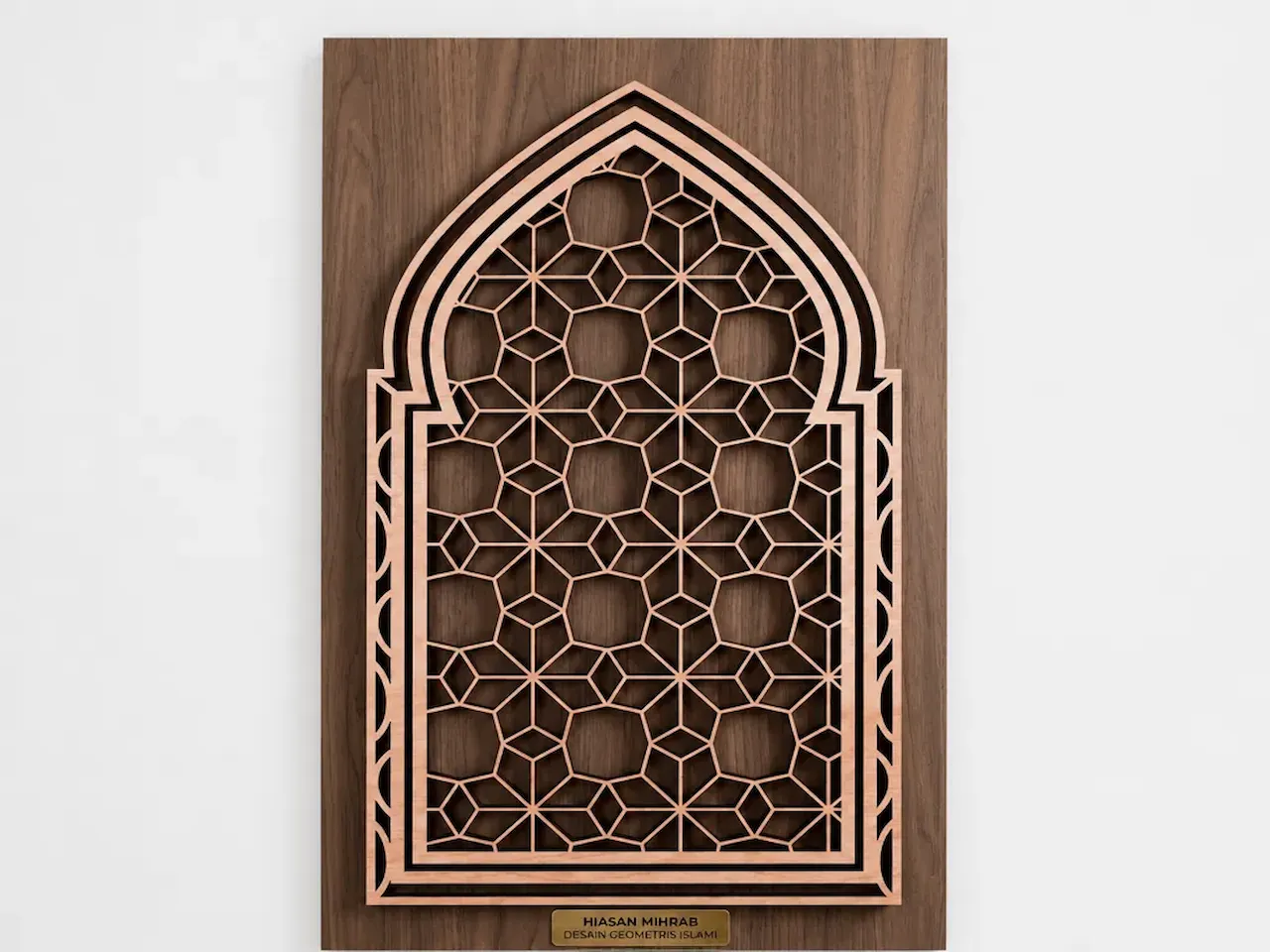 [Laser cut and engrave] Hiasan dinding kayu motif mihrab dengan pola geometris islami