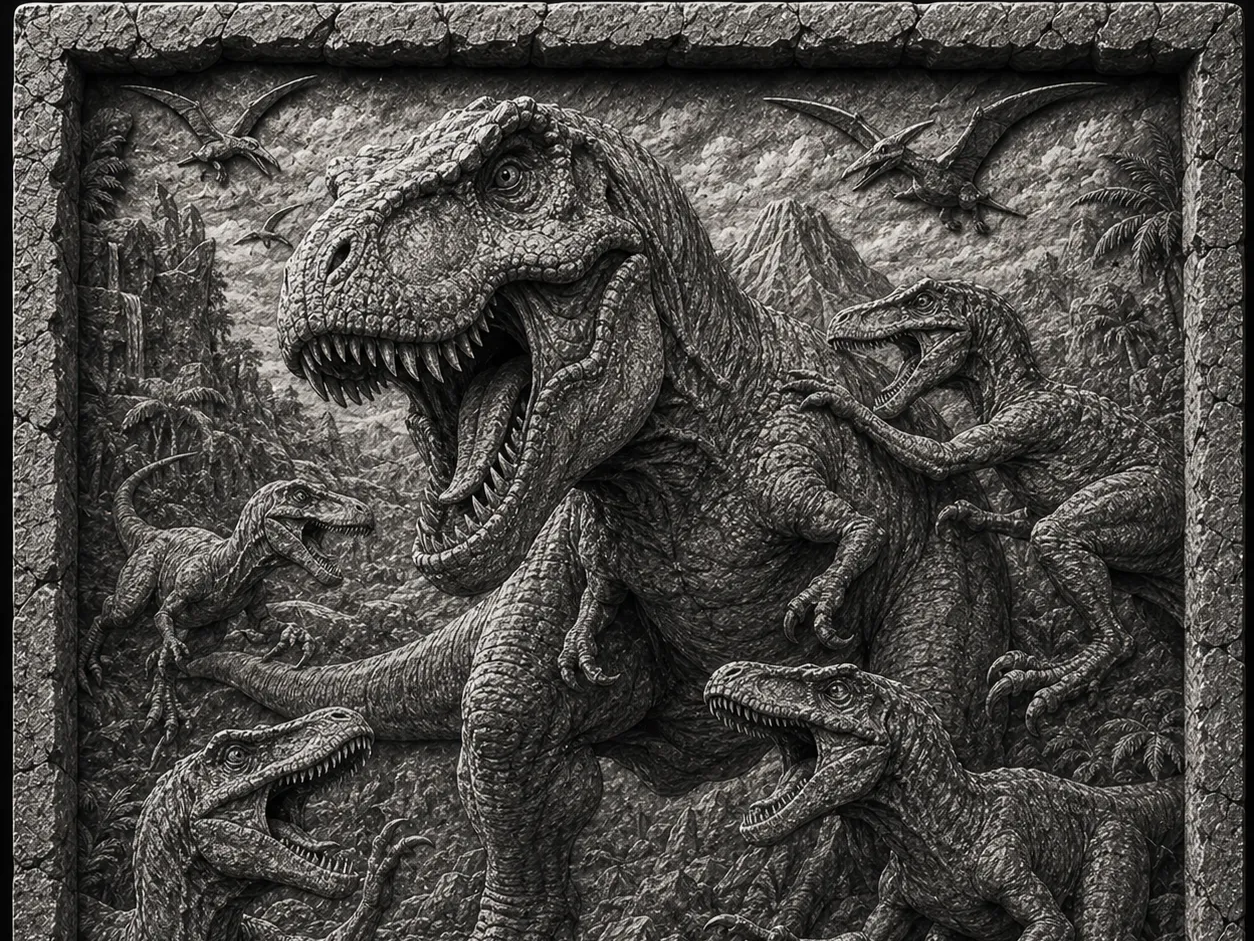Bas-relief mural représentant une scène de dinosaures préhistoriques