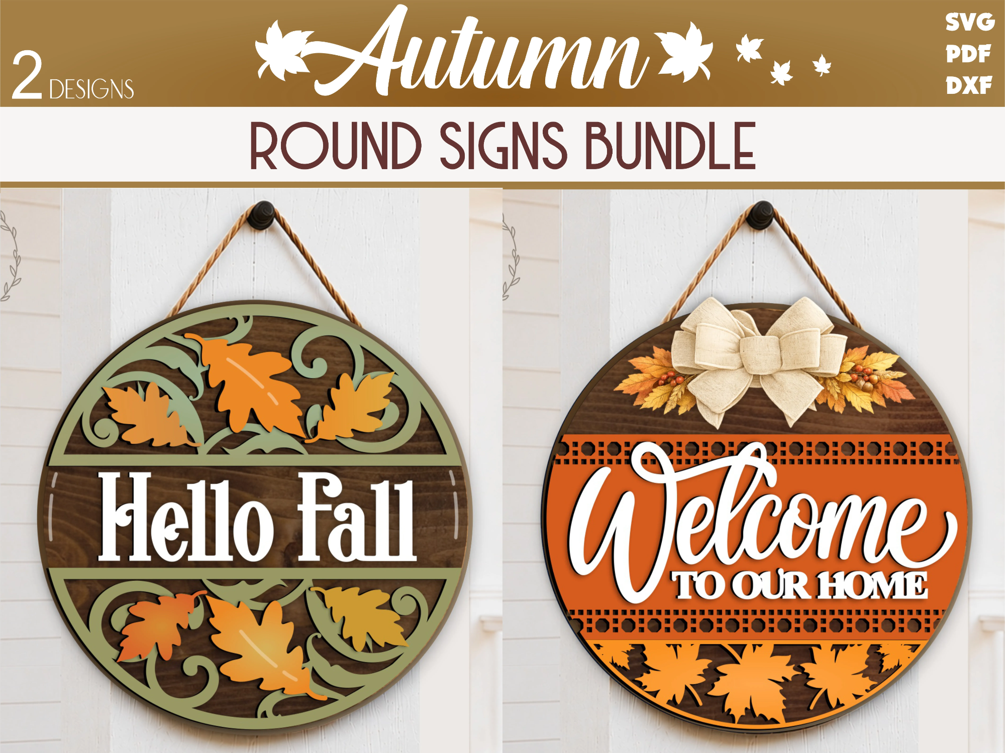 Fall Door Hanger SVG Bundle, Fall Leaves Round Wood Signs, Hello Fall Front Door Decor, Welcometo ou Home Sign DXF, Glowforge Laser File, CNC File