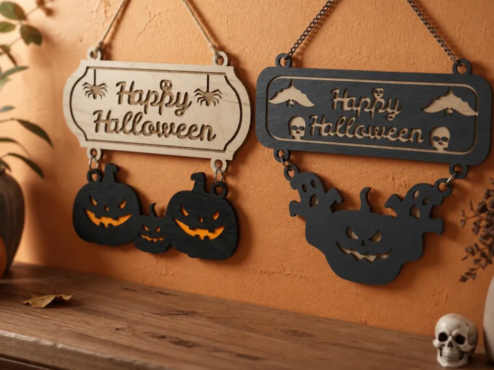 Happy Halloween Hanging Wall Signs with Pumpkin and Ghost Motifs