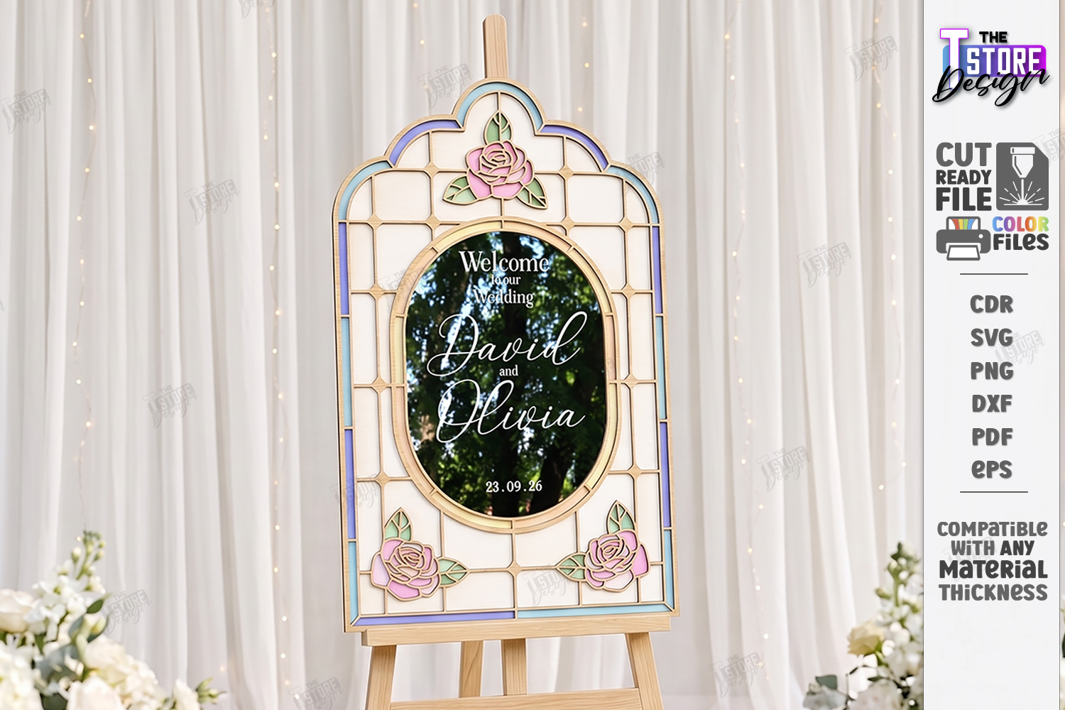 [Laser cut and engrave] Arched Floral Wedding Welcome Sign with Stained Glass Style Frame laser Cut Bundle. Floral Design. Weding Day