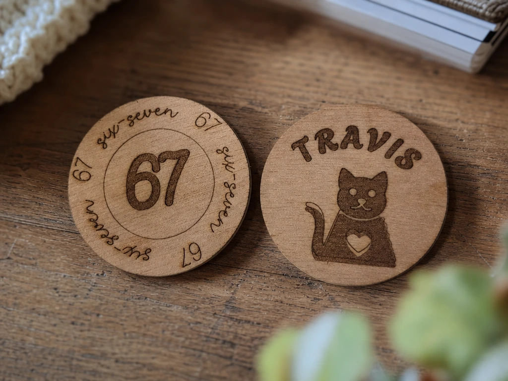 Jetons ronds personnalisés avec motif numéro 67 et chat