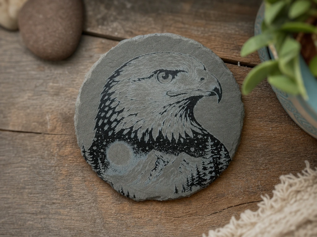Round Slate Coaster Featuring Eagle and Mountain Landscape Silhouette