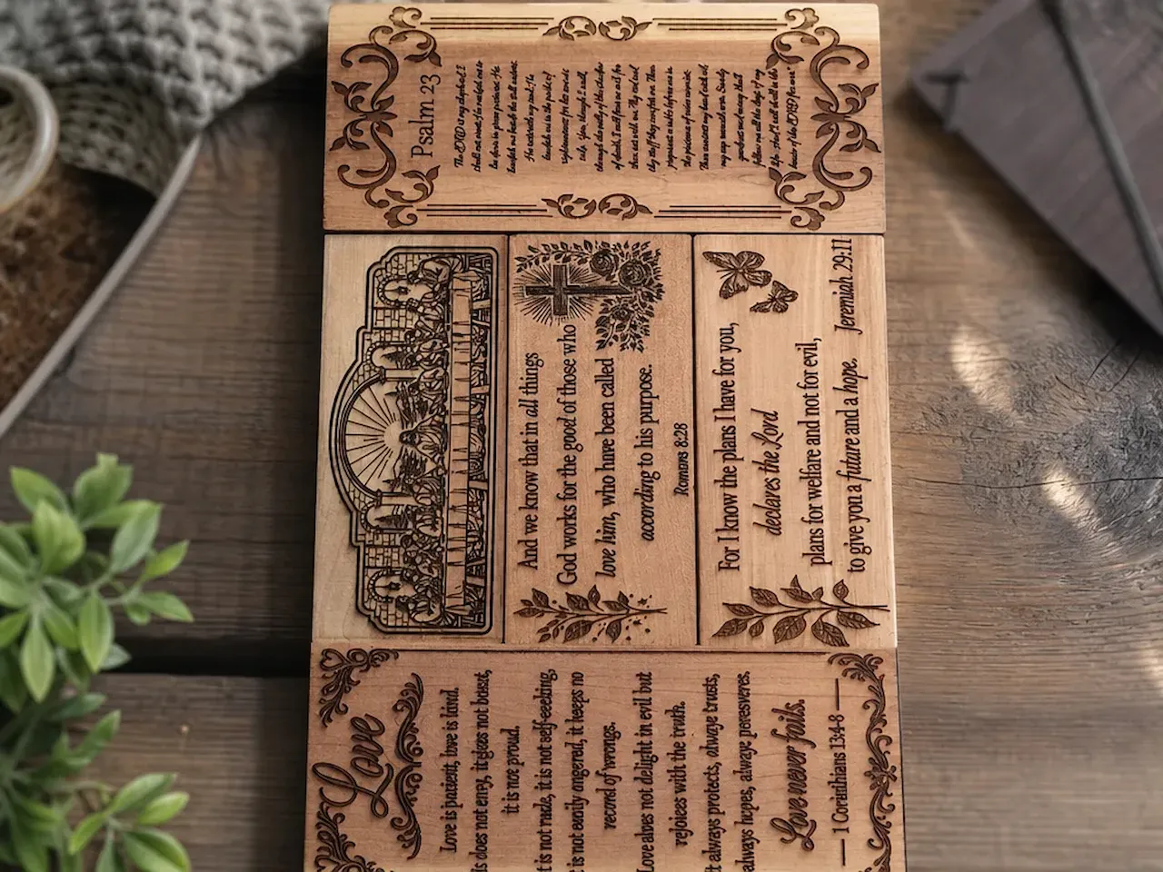 [Laser cut and engrave] Wooden Wall Plaque Featuring Inspirational Bible Verses and Religious Imagery
