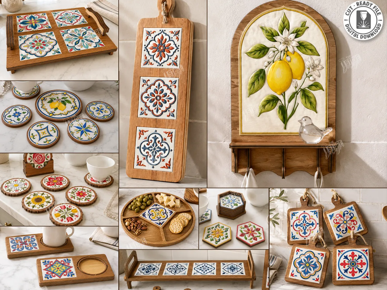 Mediterranean Style Tile Inlaid Wooden Kitchenware and Home Decor Collection Laser Cut Bundle