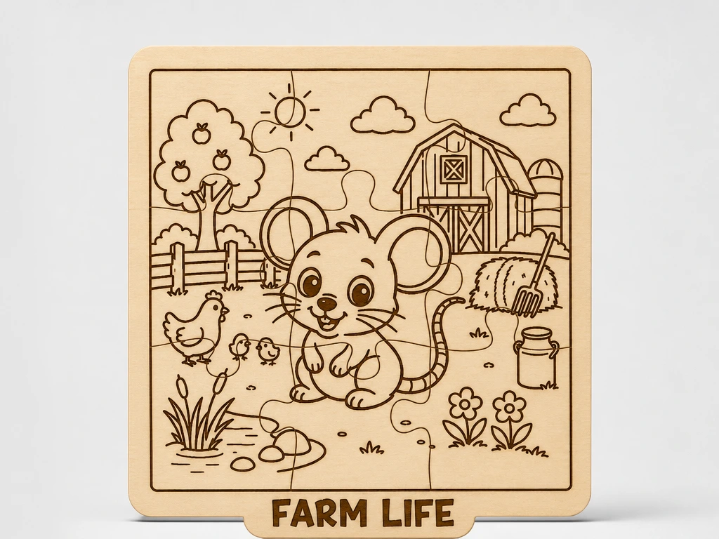 Adorable Farm Mouse Wooden Puzzle | Cute Farm Life Coloring Activity for Kids | Laser Cut Educational Jigsaw | DIY Wooden Learning Toy