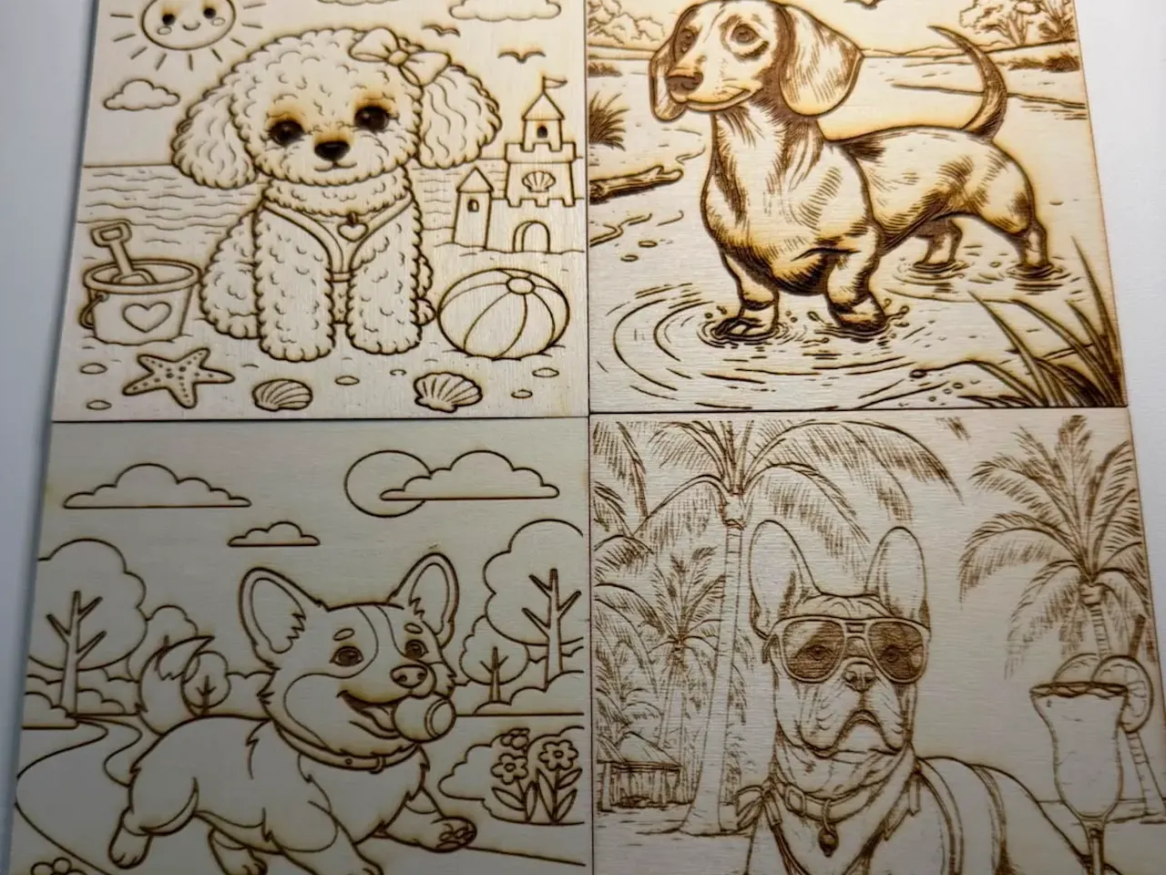 [Laser cut and engrave] Set of Four Square Wooden Coasters Featuring Illustrated Dog Breeds